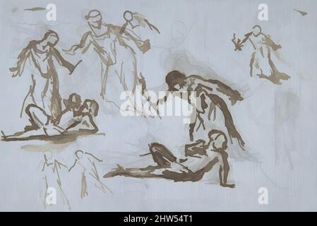 Art Inspired by Sheet of Figure Studies, 19. Century, Stift und braune Tinte, 4 15/16 x 7 3/8 Zoll (12,6 x 18,8 cm), Zeichnungen, Narcisse-Virgile Diaz de la Peña (Französisch, Bordeaux 1808–1876 Menton, Klassische Werke, die von Artotop mit einem Schuss Moderne modernisiert wurden. Formen, Farbe und Wert, auffällige visuelle Wirkung auf Kunst. Emotionen durch Freiheit von Kunstwerken auf zeitgemäße Weise. Eine zeitlose Botschaft, die eine wild kreative neue Richtung verfolgt. Künstler, die sich dem digitalen Medium zuwenden und die Artotop NFT erschaffen Stockfoto