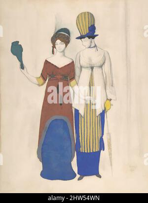 Kunst inspiriert von Fantaisie sur le costume moderne': Zwei weibliche Haute Couture Figuren, 1910, Graphit, Pinsel und Aquarell und Körperfarbe, 12 3/4 x 9 3/4 Zoll (32,4 x 24,8 cm), Léon Bakst (Russisch, Grodno 1866–1924 Paris), Zeichnung mit zwei weiblichen Figuren, gekleidet in Haute-Couture-Kleidung, Klassische Werke, modernisiert von Artotop mit einem Schuss Moderne. Formen, Farbe und Wert, auffällige visuelle Wirkung auf Kunst. Emotionen durch Freiheit von Kunstwerken auf zeitgemäße Weise. Eine zeitlose Botschaft, die eine wild kreative neue Richtung verfolgt. Künstler, die sich dem digitalen Medium zuwenden und die Artotop NFT erschaffen Stockfoto