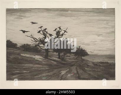 Kunst inspiriert von Baum gefüllt mit Krähen, 1867, Radierung; erster Zustand von zwei, Blatt: 13 1/2 x 18 3/4 Zoll (34,3 x 47,6 cm), Drucke, Charles-François Daubigny (französisch, Paris 1817–1878 Paris, Klassische Werke, die von Artotop mit einem Schuss Moderne modernisiert wurden. Formen, Farbe und Wert, auffällige visuelle Wirkung auf Kunst. Emotionen durch Freiheit von Kunstwerken auf zeitgemäße Weise. Eine zeitlose Botschaft, die eine wild kreative neue Richtung verfolgt. Künstler, die sich dem digitalen Medium zuwenden und die Artotop NFT erschaffen Stockfoto