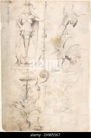 Kunst inspiriert von vier verschiedenen Figurenstudien (recto); Groteske Entwürfe (verso), ca. 1545–60, Stift und grau-braune Tinte (recto). Auf off-white Papier. Stift und grau-braune Tinte; Frau und Kind in Stift und brauner Tinte (verso), 13-3/16 x 9-1/16 Zoll (33,5 x 23,0 cm), Andrés de Melgar zugeschrieben, Klassische Werke, die von Artotop mit einem Schuss Moderne modernisiert wurden. Formen, Farbe und Wert, auffällige visuelle Wirkung auf Kunst. Emotionen durch Freiheit von Kunstwerken auf zeitgemäße Weise. Eine zeitlose Botschaft, die eine wild kreative neue Richtung verfolgt. Künstler, die sich dem digitalen Medium zuwenden und die Artotop NFT erschaffen Stockfoto