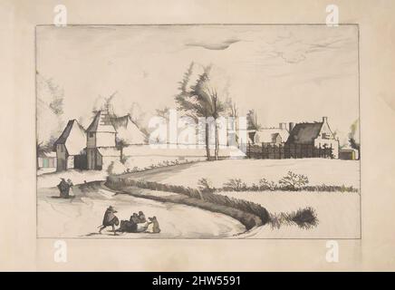 Kunst inspiriert von Landhäusern, Paar und Kornfeld im Vordergrund, aus der Serie The Small Landscapes (Praediorum Villarum), 1559–61, Radierung; erster Zustand von drei, 6 7/8 x 9 13/16 Zoll (17,5 x 25 cm), Drucke, nach dem Meister der kleinen Landschaften (Niederlandisch, 16. Jahrhundert, Klassische Werke, die von Artotop mit einem Schuss Moderne modernisiert wurden. Formen, Farbe und Wert, auffällige visuelle Wirkung auf Kunst. Emotionen durch Freiheit von Kunstwerken auf zeitgemäße Weise. Eine zeitlose Botschaft, die eine wild kreative neue Richtung verfolgt. Künstler, die sich dem digitalen Medium zuwenden und die Artotop NFT erschaffen Stockfoto