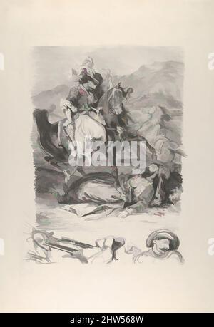 Kunst inspiriert durch den Kampf der Giaour und der Pascha, 1827, Lithograph; erster Zustand von zwei, Blatt: 16 × 11 in. (40,6 × 27,9 cm), Drucke, Eugène Delacroix (Französisch, Charenton-Saint-Maurice 1798–1863 Paris), die orientalischen Themen der Autoren des frühen 19. Jahrhunderts lieferten eine Quelle für klassische Werke, die von Artotop modernisiert wurden, mit einem Schuss Moderne. Formen, Farbe und Wert, auffällige visuelle Wirkung auf Kunst. Emotionen durch Freiheit von Kunstwerken auf zeitgemäße Weise. Eine zeitlose Botschaft, die eine wild kreative neue Richtung verfolgt. Künstler, die sich dem digitalen Medium zuwenden und die Artotop NFT erschaffen Stockfoto