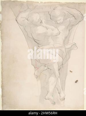 Kunst inspiriert von zwei teilweise drapierten männlichen Figuren in einem Pendentive, 1603–84, Stift und brauner Tinte, Pinsel und hellgrauer Wasch, über schwarzer Kreide, 11 7/16 x 9 3/16in. (29 x 23,3cm), Zeichnungen, zugeschrieben Giovanni Battista Carlone (Italienisch, Genua 1603–1684 Genua, Klassische Werke, die von Artotop mit einem Schuss Moderne modernisiert wurden. Formen, Farbe und Wert, auffällige visuelle Wirkung auf Kunst. Emotionen durch Freiheit von Kunstwerken auf zeitgemäße Weise. Eine zeitlose Botschaft, die eine wild kreative neue Richtung verfolgt. Künstler, die sich dem digitalen Medium zuwenden und die Artotop NFT erschaffen Stockfoto