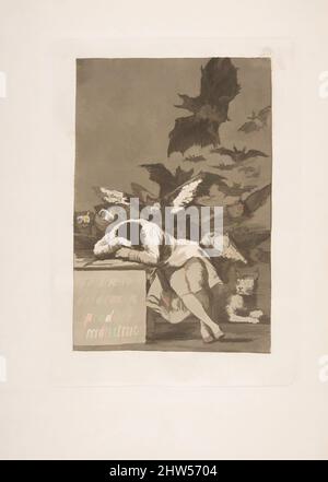 Kunst inspiriert von Tafel 43 aus 'Los Caprichos': Der Schlaf der Vernunft produziert Monster (El sueño de la razon produziert Monstruos), 1799, Ätzung, Aquatinta, Trockenpunkt, Und Burin, Platte: 8 3/8 x 5 15/16 Zoll (21,2 x 15,1 cm), Drucke, Goya (Francisco de Goya y Lucientes) (Spanisch, Fuendetodos, Klassisches Werk, das von Artotop mit einem Schuss Moderne modernisiert wurde. Formen, Farbe und Wert, auffällige visuelle Wirkung auf Kunst. Emotionen durch Freiheit von Kunstwerken auf zeitgemäße Weise. Eine zeitlose Botschaft, die eine wild kreative neue Richtung verfolgt. Künstler, die sich dem digitalen Medium zuwenden und die Artotop NFT erschaffen Stockfoto