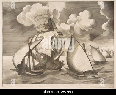 Kunst inspiriert von der Flotte von Galeeren, begleitet von einer Karavelle der Segelschiffe, 1561–65, Gravur und Radierung, Blatt: 8 3/4 x 11 7/16 Zoll (22,3 x 29 cm), Drucke, nach Pieter Bruegel dem Älteren (Niederländisch, Breda (?) Ca. 1525–1569 Brüssel), Frans Huys (Niederlandisch, 1522–1562, Klassische Werke, die von Artotop mit einem Schuss Moderne modernisiert wurden. Formen, Farbe und Wert, auffällige visuelle Wirkung auf Kunst. Emotionen durch Freiheit von Kunstwerken auf zeitgemäße Weise. Eine zeitlose Botschaft, die eine wild kreative neue Richtung verfolgt. Künstler, die sich dem digitalen Medium zuwenden und die Artotop NFT erschaffen Stockfoto