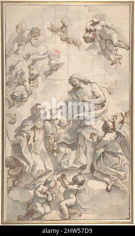 Kunst inspiriert von Christus Giving the Host to a Holy Äbtissin, 1690, Stift und braune Tinte, Pinsel und Grauwäsche. Quadratisch in schwarzer Kreide, 15-11/16 x 9-3/16 Zoll (39,9 x 23,3 cm), Zeichnungen, Giovanni Battista Gaulli (Il Baciccio) (Italienisch, Genua 1639–1709 Rom, Klassische Werke, die von Artotop mit einem Schuss Moderne modernisiert wurden. Formen, Farbe und Wert, auffällige visuelle Wirkung auf Kunst. Emotionen durch Freiheit von Kunstwerken auf zeitgemäße Weise. Eine zeitlose Botschaft, die eine wild kreative neue Richtung verfolgt. Künstler, die sich dem digitalen Medium zuwenden und die Artotop NFT erschaffen Stockfoto