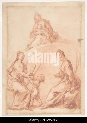 Kunst, inspiriert von der Jungfrau und dem Kind, das der Heiligen Agatha und der Heiligen Lucy erscheint, 1682–1750, Rote Kreide. Rahmenlinien in Stift und brauner Tinte, 6 x 4 7/16in. (15,3 x 11,3cm), Zeichnungen, Nicola Grassi (italienisch, Formeaso vor 1682–ca. 1750 Turin, Classic Works modernisiert von Artotop mit einem Schuss Moderne. Formen, Farbe und Wert, auffällige visuelle Wirkung auf Kunst. Emotionen durch Freiheit von Kunstwerken auf zeitgemäße Weise. Eine zeitlose Botschaft, die eine wild kreative neue Richtung verfolgt. Künstler, die sich dem digitalen Medium zuwenden und die Artotop NFT erschaffen Stockfoto