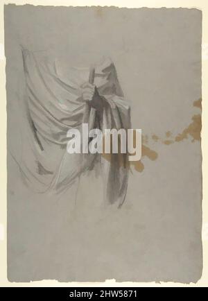 Kunst inspiriert von Drapierkunst Studie für Saint Remi (mittleres Register; Studie für Wandmalereien in der Kapelle Saint Remi, Sainte-Clotilde, Paris, 1858), 19. Jahrhundert, Schwarze Kreide, gestumpt, mit weißer Kreide verstärkt, auf grauem Papier. Großer brauner Fleck, 17 3/4 x 12 1/2 Zoll (45,2 x 31,8 cm, Classic Works modernisiert von Artotop mit einem Schuss Modernität. Formen, Farbe und Wert, auffällige visuelle Wirkung auf Kunst. Emotionen durch Freiheit von Kunstwerken auf zeitgemäße Weise. Eine zeitlose Botschaft, die eine wild kreative neue Richtung verfolgt. Künstler, die sich dem digitalen Medium zuwenden und die Artotop NFT erschaffen Stockfoto