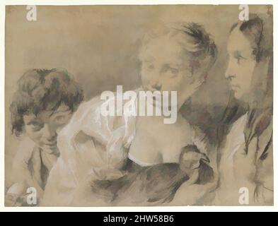 Kunst inspiriert von Boy with an Egg, Girl with a He, and a Watching Woman, 1682–1754, Charcoal (?) Und schwarze Kreide, mit weißer Kreide hervorgehoben, auf blaugrauem Papier verblasst zu braun, 15-5/8 x 20-3/4 Zoll (39,7 x 52,7 cm), Zeichnungen, Giovanni Battista Piazzetta (Italienisch, Venedig 1682–1754 Venedig, Klassische Werke, die von Artotop mit einem Schuss Moderne modernisiert wurden. Formen, Farbe und Wert, auffällige visuelle Wirkung auf Kunst. Emotionen durch Freiheit von Kunstwerken auf zeitgemäße Weise. Eine zeitlose Botschaft, die eine wild kreative neue Richtung verfolgt. Künstler, die sich dem digitalen Medium zuwenden und die Artotop NFT erschaffen Stockfoto