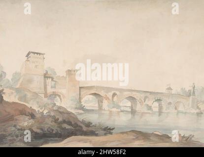 Kunst inspiriert von Ponte Molle, Rom, 18. Jahrhundert, Aquarell auf Papier, 8 5/16 x 11 7/16 Zoll (21,1 x 29,1 cm), Zeichnungen, zugeschrieben Joseph Vernet (Französisch, Avignon 1714–1789 Paris, Klassische Werke, die von Artotop mit einem Schuss Moderne modernisiert wurden. Formen, Farbe und Wert, auffällige visuelle Wirkung auf Kunst. Emotionen durch Freiheit von Kunstwerken auf zeitgemäße Weise. Eine zeitlose Botschaft, die eine wild kreative neue Richtung verfolgt. Künstler, die sich dem digitalen Medium zuwenden und die Artotop NFT erschaffen Stockfoto