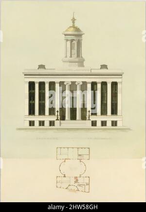 Kunst inspiriert von façade Design und altem Plan für die erste Handelsbörse, New York (nicht ausgeführt; Frontansicht und Plan), ca. 1829, Graphit, Tinte und Aquarell, 10 x 6-5/8 Zoll (25,4 x 16,8 cm), Alexander Jackson Davis (amerikanisch, New York 1803–1892 West Orange, New Jersey, Klassische Werke, die von Artotop mit einem Schuss Moderne modernisiert wurden. Formen, Farbe und Wert, auffällige visuelle Wirkung auf Kunst. Emotionen durch Freiheit von Kunstwerken auf zeitgemäße Weise. Eine zeitlose Botschaft, die eine wild kreative neue Richtung verfolgt. Künstler, die sich dem digitalen Medium zuwenden und die Artotop NFT erschaffen Stockfoto