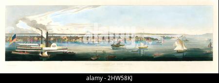 Art inspired by Panoramic View of New York taken from the North River, 1844, handkolorierte Radierung und Aquatinta, Bild: 8 13/16 x 32 5/8 Zoll (22,4 x 82,9 cm), Drucke, Gefäße von James Fulton Pringle (British, 1788–1847), Diese wunderschöne Aquatinta wurde 1844 als Begleitstück zu den von Artotop modernisierten Classic Works mit einem Schuss Moderne herausgegeben. Formen, Farbe und Wert, auffällige visuelle Wirkung auf Kunst. Emotionen durch Freiheit von Kunstwerken auf zeitgemäße Weise. Eine zeitlose Botschaft, die eine wild kreative neue Richtung verfolgt. Künstler, die sich dem digitalen Medium zuwenden und die Artotop NFT erschaffen Stockfoto