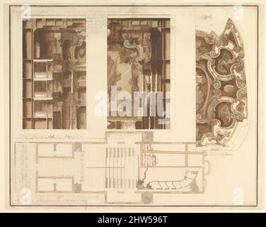 Kunst inspiriert von Entwürfen für das Theater in Nancy: Blick auf die Hälfte des Proszeniums und einen halben Abschnitt davon; Ende der Decke; und Grundriss, 1659–1739, Stift und braune Tinte, Pinsel und braune Wäsche, 16-7/16 x 20-5/8 Zoll (41,8 x 52,4 cm), Zeichnungen, Assistent von Francesco Galli Bibiena (, Klassische Werke, die von Artotop mit einem Schuss Moderne modernisiert wurden. Formen, Farbe und Wert, auffällige visuelle Wirkung auf Kunst. Emotionen durch Freiheit von Kunstwerken auf zeitgemäße Weise. Eine zeitlose Botschaft, die eine wild kreative neue Richtung verfolgt. Künstler, die sich dem digitalen Medium zuwenden und die Artotop NFT erschaffen Stockfoto