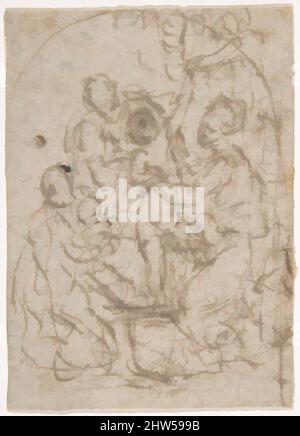 Kunst inspiriert von Madonna und einer Gruppe von Heiligen, 16. Jahrhundert, Stift und braune Tinte auf grauem Papier, wahrscheinlich verblasst von blaugrau. Gewölbter Rahmen in brauner Tinte am oberen Rand, 3-7/8 x 2-3/4 Zoll (9,8 x 7 cm), Zeichnungen, Anonym, italienisch, 16. Jahrhundert (italienisch, Active Central Italy, Ca, Classic Works modernisiert von Artotop mit einem Schuss Moderne. Formen, Farbe und Wert, auffällige visuelle Wirkung auf Kunst. Emotionen durch Freiheit von Kunstwerken auf zeitgemäße Weise. Eine zeitlose Botschaft, die eine wild kreative neue Richtung verfolgt. Künstler, die sich dem digitalen Medium zuwenden und die Artotop NFT erschaffen Stockfoto