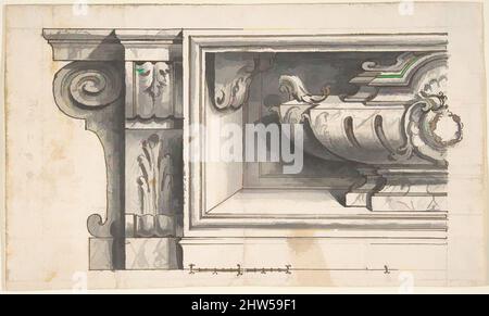 Kunst inspiriert von Design für einen Sarkophag oder eine Urne in einer Nische, 1700–1780, Feder und braune Tinte, Pinsel und Grauwäsche, über Bleispitze oder Graphit, mit linierter Konstruktion. Gepunktete Umrisse in Stift und brauner Tinte, 5-3/4 x 9-9/16 Zoll (14,6 x 24,3 cm), Zeichnungen, Anonymous, Italienisch, Klassische Werke, die von Artotop mit einem Schuss Moderne modernisiert wurden. Formen, Farbe und Wert, auffällige visuelle Wirkung auf Kunst. Emotionen durch Freiheit von Kunstwerken auf zeitgemäße Weise. Eine zeitlose Botschaft, die eine wild kreative neue Richtung verfolgt. Künstler, die sich dem digitalen Medium zuwenden und die Artotop NFT erschaffen Stockfoto