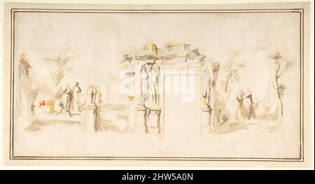 Art Inspired by Design for a Painted Wall Decoration, with Figures in a Landscape with Classical Ruins, 18. Century, Pen and Brown ink, brush with Brown wash, over black chalk on Cream laid paper. Erdung mit Eingabestift, eingeschnitten, 8-3/16 x 16-3/16 Zoll (20,8 x 41,1 cm), Zeichnungen, Anonymous, Klassische Werke, die von Artotop mit einem Schuss Moderne modernisiert wurden. Formen, Farbe und Wert, auffällige visuelle Wirkung auf Kunst. Emotionen durch Freiheit von Kunstwerken auf zeitgemäße Weise. Eine zeitlose Botschaft, die eine wild kreative neue Richtung verfolgt. Künstler, die sich dem digitalen Medium zuwenden und die Artotop NFT erschaffen Stockfoto