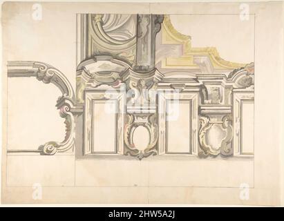 Kunst inspiriert von Design für ein Dachfenster und ein Interieur, mit dem Rahmen der Decke gezeigt, 1700–1780, Stift und braune Tinte, Pinsel mit grau, braun und gelb waschen, über Bleipunkt oder Graphit. Skalen unten in Stift und brauner Tinte, 13 11/16 x 18 7/8 Zoll (34,8 x 48 cm), Zeichnungen, Klassische Werke, die von Artotop mit einem Schuss Moderne modernisiert wurden. Formen, Farbe und Wert, auffällige visuelle Wirkung auf Kunst. Emotionen durch Freiheit von Kunstwerken auf zeitgemäße Weise. Eine zeitlose Botschaft, die eine wild kreative neue Richtung verfolgt. Künstler, die sich dem digitalen Medium zuwenden und die Artotop NFT erschaffen Stockfoto