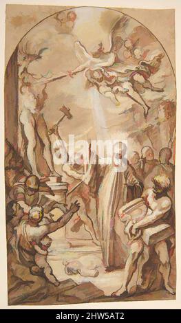 Kunst, inspiriert vom heiligen Benedikt, orders the Destruction of Idols at Montecassino, 1694–1759, Feder und braune Tinte, Pinsel und braune Wäsche, mit gelber und weißer Gouache hervorgehoben, über schwarzer Kreide oder Bleispitze, auf beigefarbenem Papier, 8 7/16 x 4 3/4in. (21,4 x 12cm), Zeichnungen, Gaspare Serenario (, Klassische Werke, die von Artotop mit einem Schuss Moderne modernisiert wurden. Formen, Farbe und Wert, auffällige visuelle Wirkung auf Kunst. Emotionen durch Freiheit von Kunstwerken auf zeitgemäße Weise. Eine zeitlose Botschaft, die eine wild kreative neue Richtung verfolgt. Künstler, die sich dem digitalen Medium zuwenden und die Artotop NFT erschaffen Stockfoto