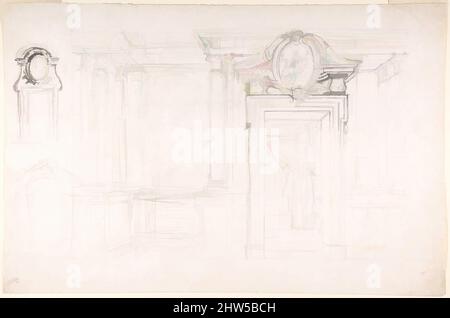 Architektonische Skizze für die Gestaltung einer Wand mit Tür, mit zwei kleineren Skizzen für die Gestaltung von Fenstern oder Türen (recto); Skizzen für einen Plan und seitlichem Blick von der Decke (verso), 1700-1773, Graphit, teilweise mit Feder und schwarzer Tusche und Pinsel und schwarzer Tinte umgebaut und beherrschten Konstruktionslinien in Graphit (recto); Graphit (verso), 11 x 16-11/16 in. (27,9 x 42,4 cm), Zeichnungen, Luigi Vanvitelli (Italienisch, Neapel 1700 - 1773 Caserta) Stockfoto