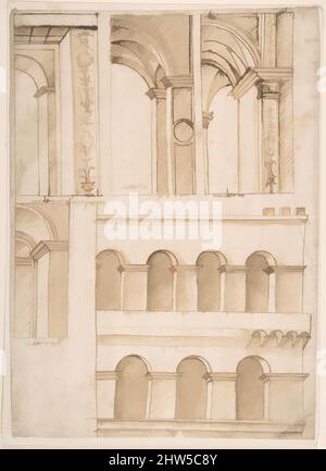 Kunst inspiriert von der Architektur Studie mit Details zu einem oder mehreren Gebäuden (möglicherweise Teil der zur Straße gerichteten Architektur des alten Petersplatzes in Rom), 1490–1510, Stift und braune Tinte, gewaschen, 10-5/8 x 7-3/4 Zoll (27,0 x 19,7 cm), Anonym, Italienisch, 16. Century (Italienisch, Klassische Werke, die von Artotop mit einem Schuss Moderne modernisiert wurden. Formen, Farbe und Wert, auffällige visuelle Wirkung auf Kunst. Emotionen durch Freiheit von Kunstwerken auf zeitgemäße Weise. Eine zeitlose Botschaft, die eine wild kreative neue Richtung verfolgt. Künstler, die sich dem digitalen Medium zuwenden und die Artotop NFT erschaffen Stockfoto