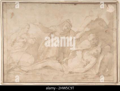 Art inspired by Pietà with Mary Magdalena and Saint John, 16. Century, Pen and Brown ink, Brown wash, 9-7/8 x 14-3/16 in. (25,1 x 36 cm), Zeichnungen, Anonym, italienisch, 16. Jahrhundert (italienisch, Aktiv Mittelitalien, ca. 1550–1580, von Artotop modernisierte klassische Werke mit einem Schuss Moderne. Formen, Farbe und Wert, auffällige visuelle Wirkung auf Kunst. Emotionen durch Freiheit von Kunstwerken auf zeitgemäße Weise. Eine zeitlose Botschaft, die eine wild kreative neue Richtung verfolgt. Künstler, die sich dem digitalen Medium zuwenden und die Artotop NFT erschaffen Stockfoto