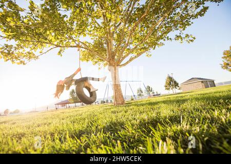 Mädchen (10-11) auf Reifenschaukel im Garten Stockfoto