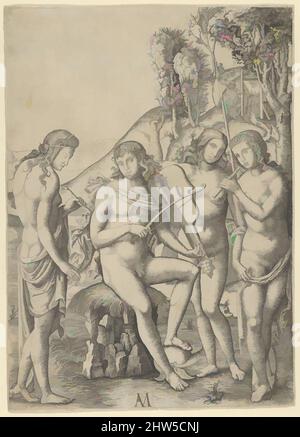 Kunst inspiriert von Einem jungen Mann, der in der Mitte sitzt und Geige spielt, flankiert von zwei Frau, die Flöten hält, eine andere Frau im Hintergrund, ca. 1510–27, Gravieren, 11 3/16 x 8 Zoll (28,4 x 20,3 cm), Drucke, Marcantonio Raimondi (Italienisch, Argini (?) Ca. 1480–vor 1534 Bologna, Klassisches Werk, modernisiert von Artotop mit einem Schuss Moderne. Formen, Farbe und Wert, auffällige visuelle Wirkung auf Kunst. Emotionen durch Freiheit von Kunstwerken auf zeitgemäße Weise. Eine zeitlose Botschaft, die eine wild kreative neue Richtung verfolgt. Künstler, die sich dem digitalen Medium zuwenden und die Artotop NFT erschaffen Stockfoto