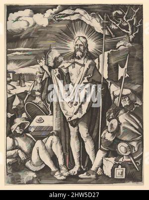 Kunst inspiriert von der Auferstehung; Christus steht vor verschlossenem Grab, hält eine Fahne und segnet, Wachen schlafen im Vordergrund, nach Dürer, ca. 1500–1534, Gravieren; dritter Zustand von drei, Blatt: 5 1/16 × 3 15/16 Zoll (12,9 × 10 cm), Drucke, Marcantonio Raimondi (, Klassische Werke, die von Artotop mit einem Schuss Moderne modernisiert wurden. Formen, Farbe und Wert, auffällige visuelle Wirkung auf Kunst. Emotionen durch Freiheit von Kunstwerken auf zeitgemäße Weise. Eine zeitlose Botschaft, die eine wild kreative neue Richtung verfolgt. Künstler, die sich dem digitalen Medium zuwenden und die Artotop NFT erschaffen Stockfoto