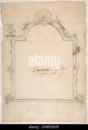 Art Inspired by Design for a Carved Mirror Frame Surmounting a Mantle (Trumeau), 1742, Stift und braune Tinte, über Bleipunkt und schwarzer Kreide, 12 3/16 x 8 7/16 Zoll (30,9 x 21,4 cm) unregelmäßige Bordüren, Zeichnungen, Domenico Silvestro Giannotti (Italienisch, Lucca 1680–1750 Bologna, Klassische Werke, die von Artotop mit einem Schuss Moderne modernisiert wurden. Formen, Farbe und Wert, auffällige visuelle Wirkung auf Kunst. Emotionen durch Freiheit von Kunstwerken auf zeitgemäße Weise. Eine zeitlose Botschaft, die eine wild kreative neue Richtung verfolgt. Künstler, die sich dem digitalen Medium zuwenden und die Artotop NFT erschaffen Stockfoto