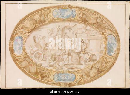 Design-inspirierte Kunst (Arbeitszeichnung im Vollmaßstab) für eine große ovale Silberschale mit silberner Gilt-Bordüre mit Vulcan's Forge, 1646–1722, Stift und brauner Tinte, Pinsel und brauner Waschung, gelber und blauer Aquarell über schwarzer Kreide. Rahmenlinien in Stift und brauner Tinte. Auf zwei geklebten Blättern modernisierte Classic Works von Artotop mit einem Schuss Modernität. Formen, Farbe und Wert, auffällige visuelle Wirkung auf Kunst. Emotionen durch Freiheit von Kunstwerken auf zeitgemäße Weise. Eine zeitlose Botschaft, die eine wild kreative neue Richtung verfolgt. Künstler, die sich dem digitalen Medium zuwenden und die Artotop NFT erschaffen Stockfoto
