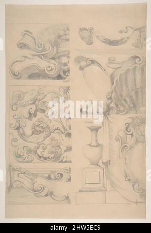 Von Design inspirierte Kunst für Kartuschen mit Muscheln, Girlanden, Laub, Voluten und Urnen, 1609–60, Ableitungspunkt, 11-1/2 x 7-5/8 Zoll (29,2 x 19,4 cm) unregelmäßige Ränder, Zeichnungen, After Agostino (Stanzani) Mitelli (Italienisch, Battidizzo (Bologna) 1609–1660 Madrid, Klassische Werke, die von Artotop mit einem Schuss Moderne modernisiert wurden. Formen, Farbe und Wert, auffällige visuelle Wirkung auf Kunst. Emotionen durch Freiheit von Kunstwerken auf zeitgemäße Weise. Eine zeitlose Botschaft, die eine wild kreative neue Richtung verfolgt. Künstler, die sich dem digitalen Medium zuwenden und die Artotop NFT erschaffen Stockfoto