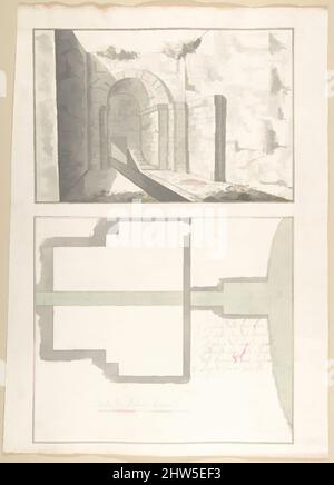 Kunst inspiriert von der Kanalisierung der Mündung des Sasso Vino in den See von Castel Gandolfo: Perspektive und Plan, 1710–27, Feder und braune Tinte, Pinsel und grau-hellgrüne Wäsche, über Spuren des Rulierens in Graphit, 17-13/16 x 12-11/16 Zoll (45,2 x 32,3 cm), Zeichnungen, Pietro Paolo, Klassische Werke, die von Artotop mit einem Schuss Moderne modernisiert wurden. Formen, Farbe und Wert, auffällige visuelle Wirkung auf Kunst. Emotionen durch Freiheit von Kunstwerken auf zeitgemäße Weise. Eine zeitlose Botschaft, die eine wild kreative neue Richtung verfolgt. Künstler, die sich dem digitalen Medium zuwenden und die Artotop NFT erschaffen Stockfoto