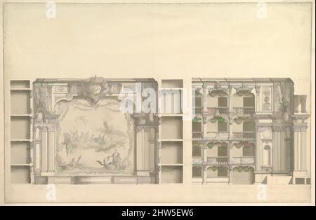 Kunst inspiriert von der Erhöhung der Proszenium nach neuem Design und laterale Ansicht der Boxen, ca. 1750, Stift, graue Tinte und waschen mit bunten Girlanden auf Schachteln, 15-3/4 x 24-1/8 Zoll (40,0 x 61,3 cm), Zeichnungen, Werkstatt von Giuseppe Galli Bibiena (Italienisch, Parma 1696–1756 Berlin, Klassische Werke, die von Artotop mit einem Schuss Moderne modernisiert wurden. Formen, Farbe und Wert, auffällige visuelle Wirkung auf Kunst. Emotionen durch Freiheit von Kunstwerken auf zeitgemäße Weise. Eine zeitlose Botschaft, die eine wild kreative neue Richtung verfolgt. Künstler, die sich dem digitalen Medium zuwenden und die Artotop NFT erschaffen Stockfoto