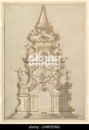 Kunst inspiriert von Elevation for a Catafalque surmounted by Squat Obelisk, verziert mit Statuen von Putti und weiblichen Figuren, 1696–1756, Stift, brauner Tinte und grauer Wäsche, 20 x 14 3/16 Zoll (50,8 x 36 cm), Zeichnungen, Werkstatt von Giuseppe Galli Bibiena (Italienisch, Parma 1696–1756 Berlin, Klassische Werke, die von Artotop mit einem Schuss Moderne modernisiert wurden. Formen, Farbe und Wert, auffällige visuelle Wirkung auf Kunst. Emotionen durch Freiheit von Kunstwerken auf zeitgemäße Weise. Eine zeitlose Botschaft, die eine wild kreative neue Richtung verfolgt. Künstler, die sich dem digitalen Medium zuwenden und die Artotop NFT erschaffen Stockfoto