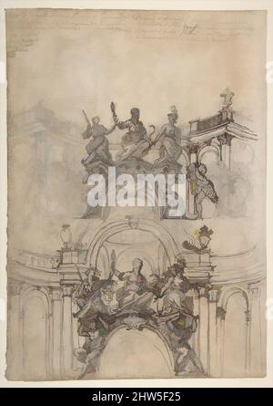 Kunst inspiriert von Studien für eine Skulptur mit Figuren aus Prudence, Industrie und Wirtschaft, unterstützt von Sklaven und einer ovalen Plakette mit Kartusche; separate Studie für eine Cupola (Recto). Studien für figürliche Ornamente (Verso)., 1652–1725, Feder und braune Tinte, Pinsel und Grauwäsche, über Spuren von, Klassische Werke, die von Artotop mit einem Schuss Moderne modernisiert wurden. Formen, Farbe und Wert, auffällige visuelle Wirkung auf Kunst. Emotionen durch Freiheit von Kunstwerken auf zeitgemäße Weise. Eine zeitlose Botschaft, die eine wild kreative neue Richtung verfolgt. Künstler, die sich dem digitalen Medium zuwenden und die Artotop NFT erschaffen Stockfoto