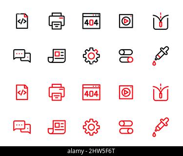Einfache Strichbilder in zwei Farben ui-Symbole gesetzt. HTML, Druck, Videodatei, Entpacken, Chat und andere. Pixel-perfekte, bearbeitbare Kontursymbole Stock Vektor