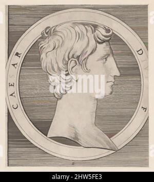 Kunst inspiriert von Speculum Romanae Magnificentiae: Octavian (Augustus), aus den zwölf Caesaren, ca. 1500–1534, Gravieren; zweiter Zustand von drei, Montage: 11 x 16 3/4 Zoll (28 x 42,6 cm), Drucke, Marcantonio Raimondi (Italienisch, Argini (?) Ca. 1480–vor 1534 Bologna, Klassisches Werk, modernisiert von Artotop mit einem Schuss Moderne. Formen, Farbe und Wert, auffällige visuelle Wirkung auf Kunst. Emotionen durch Freiheit von Kunstwerken auf zeitgemäße Weise. Eine zeitlose Botschaft, die eine wild kreative neue Richtung verfolgt. Künstler, die sich dem digitalen Medium zuwenden und die Artotop NFT erschaffen Stockfoto