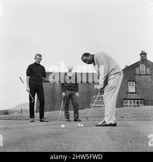 Der südafrikanische Golfer Sewsunker Sewgolum im Stalybridge Stamford Golf Club nahm an einem Einladungsspiel gegen zwei der besten Spieler des Clubs, Barry Sidebottom (links) und Colin C Gill, Teil, um sich auf die bevorstehenden British Open vorzubereiten. Als Partner von Swegolum war Mike Hoyle. 14.. Juli 1967. Stockfoto