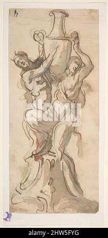 Art Inspired by Design for a Statue consisting of a Satyr and Satiress Lifting a Vase, 1652–1725, Pen and Brown ink, brush and Brown wash, over traces of black Chalk, Sheet: 6 15/16 x 3 1/16 in. (17,6 x 7,8 cm), zugeschrieben Giovanni Battista Foggini (Italienisch, Florenz 1652–1725, Klassische Werke, die von Artotop mit einem Schuss Moderne modernisiert wurden. Formen, Farbe und Wert, auffällige visuelle Wirkung auf Kunst. Emotionen durch Freiheit von Kunstwerken auf zeitgemäße Weise. Eine zeitlose Botschaft, die eine wild kreative neue Richtung verfolgt. Künstler, die sich dem digitalen Medium zuwenden und die Artotop NFT erschaffen Stockfoto