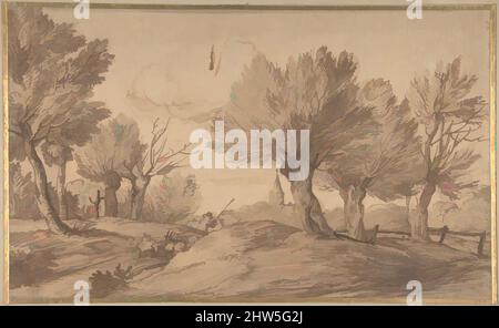 Kunst inspiriert von Landscape with a Shepherd and his Flock, 1622–74, Pen und braune Tinte, Pinsel und braune Wäsche auf japanischem Papier. Gefüttert, Blatt: 9 1/8 x 15 3/16in. (23,2 x 38,5cm), Zeichnungen, Jan Lievens (Niederländisch, Leiden 1607–1674 Amsterdam, Klassische Werke, die von Artotop mit einem Schuss Moderne modernisiert wurden. Formen, Farbe und Wert, auffällige visuelle Wirkung auf Kunst. Emotionen durch Freiheit von Kunstwerken auf zeitgemäße Weise. Eine zeitlose Botschaft, die eine wild kreative neue Richtung verfolgt. Künstler, die sich dem digitalen Medium zuwenden und die Artotop NFT erschaffen Stockfoto