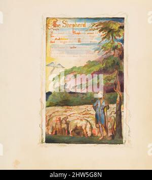 Kunst inspiriert von Songs of Innocence und der Erfahrung: The Shepherd, ca. 1825, Relief-Radierung in orange-brauner Tinte gedruckt und handfarbig mit Aquarell und Gold, Blatt: 6 3/16 x 5 9/16 Zoll (15,7 x 14,1 cm), Drucke, William Blake (British, London 1757–1827 London, Klassische Werke, die von Artotop mit einem Schuss Moderne modernisiert wurden. Formen, Farbe und Wert, auffällige visuelle Wirkung auf Kunst. Emotionen durch Freiheit von Kunstwerken auf zeitgemäße Weise. Eine zeitlose Botschaft, die eine wild kreative neue Richtung verfolgt. Künstler, die sich dem digitalen Medium zuwenden und die Artotop NFT erschaffen Stockfoto