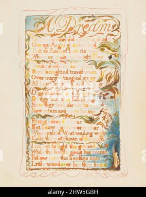 Kunst inspiriert von Songs of Innocence und of Experience: A Dream, ca. 1825, Relief-Radierung in orange-brauner Tinte gedruckt und handfarbig mit Aquarell und Gold, Blatt: 6 3/16 x 5 9/16 Zoll (15,7 x 14,1 cm), Drucke, William Blake (British, London 1757–1827 London, Klassische Werke, die von Artotop mit einem Schuss Moderne modernisiert wurden. Formen, Farbe und Wert, auffällige visuelle Wirkung auf Kunst. Emotionen durch Freiheit von Kunstwerken auf zeitgemäße Weise. Eine zeitlose Botschaft, die eine wild kreative neue Richtung verfolgt. Künstler, die sich dem digitalen Medium zuwenden und die Artotop NFT erschaffen Stockfoto