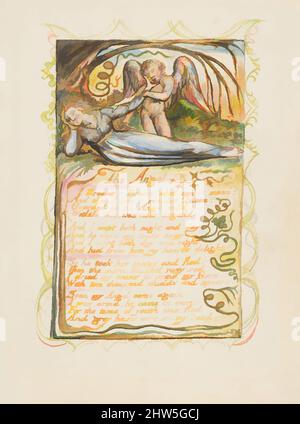 Kunst inspiriert von Songs of Innocence und of Experience: The Angel, ca. 1825, Relief-Radierung in orange-brauner Tinte gedruckt und handfarbig mit Aquarell und Gold, Blatt: 6 3/16 x 5 9/16 Zoll (15,7 x 14,1 cm), Drucke, William Blake (British, London 1757–1827 London, Klassische Werke, die von Artotop mit einem Schuss Moderne modernisiert wurden. Formen, Farbe und Wert, auffällige visuelle Wirkung auf Kunst. Emotionen durch Freiheit von Kunstwerken auf zeitgemäße Weise. Eine zeitlose Botschaft, die eine wild kreative neue Richtung verfolgt. Künstler, die sich dem digitalen Medium zuwenden und die Artotop NFT erschaffen Stockfoto