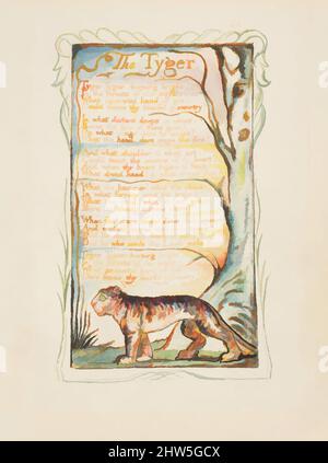 Kunst inspiriert von Songs of Innocence und of Experience: The Tyger, ca. 1825, Relief-Radierung in orange-brauner Tinte gedruckt und handfarbig mit Aquarell und Gold, Blatt: 6 3/16 x 5 9/16 Zoll (15,7 x 14,1 cm), Drucke, William Blake (British, London 1757–1827 London), eines von Blakes besten, klassischen Werken, das von Artotop mit einem Schuss Moderne modernisiert wurde. Formen, Farbe und Wert, auffällige visuelle Wirkung auf Kunst. Emotionen durch Freiheit von Kunstwerken auf zeitgemäße Weise. Eine zeitlose Botschaft, die eine wild kreative neue Richtung verfolgt. Künstler, die sich dem digitalen Medium zuwenden und die Artotop NFT erschaffen Stockfoto