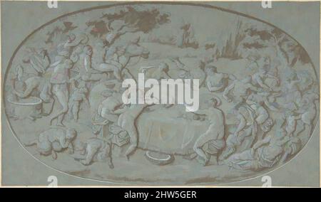 Kunst inspiriert von König Midas Schlemmen bei der Ankunft von Silenus, Ende 17. bis Anfang 18. Jahrhundert, Stift und braune Tinte, braune Wäsche, mit Weiß erhöht (leicht oxidiert) auf blauem Papier., Blatt: 6 5/16 x 10 13/16 Zoll (16 x 27,5 cm), Zeichnungen, Kreis von Bernard Picart (Französisch, Paris 1673–1733, Klassische Werke, die von Artotop mit einem Schuss Moderne modernisiert wurden. Formen, Farbe und Wert, auffällige visuelle Wirkung auf Kunst. Emotionen durch Freiheit von Kunstwerken auf zeitgemäße Weise. Eine zeitlose Botschaft, die eine wild kreative neue Richtung verfolgt. Künstler, die sich dem digitalen Medium zuwenden und die Artotop NFT erschaffen Stockfoto