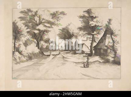 Art inspired by Village Road with a Farm and Sheds, from the series, the small Landscapes (Multifariarum Casularum), 1559–61, Radierung; erster Zustand von vier, Platte (Breite angegeben; vollständige Plattenlinie nicht sichtbar): 8 Zoll (20,3 cm), Drucke, Johannes van Doetecum der Ältere (Niederländisches, aktives, klassisches Werk, das von Artotop mit einem Schuss Moderne modernisiert wurde. Formen, Farbe und Wert, auffällige visuelle Wirkung auf Kunst. Emotionen durch Freiheit von Kunstwerken auf zeitgemäße Weise. Eine zeitlose Botschaft, die eine wild kreative neue Richtung verfolgt. Künstler, die sich dem digitalen Medium zuwenden und die Artotop NFT erschaffen Stockfoto