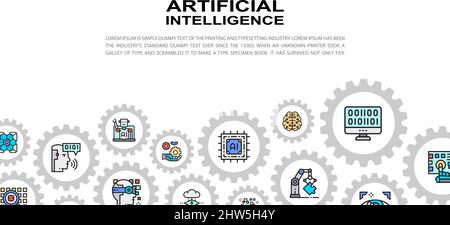 Landing Page für künstliche Intelligenz mit farbigen Symbolen. Robotik, Chatbot, Datenbank, Big Data Vektor Website Konzept Hintergrund. Stock Vektor