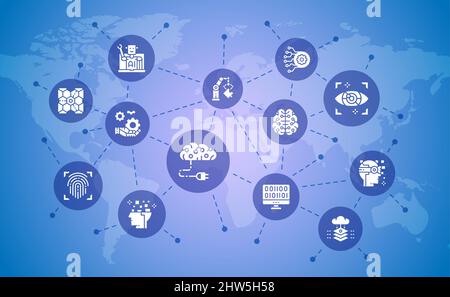 Business-Banner-Konzept für künstliche Intelligenz. Robotik, Chatbot, Datenbank, Big-Data-Illustration für die Landung von Websites. Stock Vektor