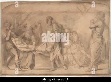 Kunst inspiriert von der Entombment, nach Mantegna, 17. Jahrhundert, Stift und braune Tinte, braune Wäsche, über Vorlinien in roter Kreide, mit Weiß auf japanischem Papier erhöht., Blatt: 10 1/2 x 15 3/8 Zoll (26,7 x 39 cm), Zeichnungen, Rembrandt-Schule (Rembrandt van Rijn) (Niederländisch, Leiden 1606–, Klassische Werke, die von Artotop mit einem Schuss Moderne modernisiert wurden. Formen, Farbe und Wert, auffällige visuelle Wirkung auf Kunst. Emotionen durch Freiheit von Kunstwerken auf zeitgemäße Weise. Eine zeitlose Botschaft, die eine wild kreative neue Richtung verfolgt. Künstler, die sich dem digitalen Medium zuwenden und die Artotop NFT erschaffen Stockfoto