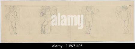 Art Inspired by Design for a Frieze with Putti supporting a Girlande, with an 'N' in a Cartouche, 19. Century, Pen and black ink over graphite, sheet: 6 3/8 x 23 1/2 in. (16,2 x 59,7 cm), Zeichnungen, Anonym, Französisch, 19. Jahrhundert, Klassische Werke, die von Artotop mit einem Hauch von Moderne modernisiert wurden. Formen, Farbe und Wert, auffällige visuelle Wirkung auf Kunst. Emotionen durch Freiheit von Kunstwerken auf zeitgemäße Weise. Eine zeitlose Botschaft, die eine wild kreative neue Richtung verfolgt. Künstler, die sich dem digitalen Medium zuwenden und die Artotop NFT erschaffen Stockfoto